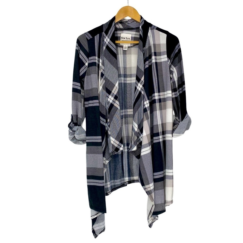 New York Laundry Black Gray White Plaid Open Front Tunic